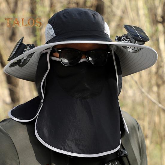 Wide Brim Sun Hat with 2 Solar Fan UV Protection Bucket Hat with Neck Flap And Face Guard 3 Speed Adjustable Fan Hat for Outdoor Fishing Camping