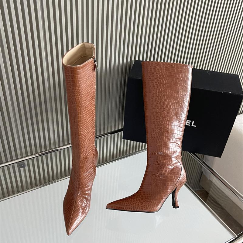 Fashion New Mixed Color Snake Patterned Side Zipper Knee High Boots Autumn Winter European American Fashion Pointed High-heel Long Boots