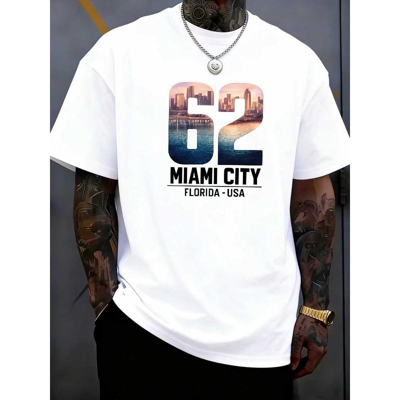 Europäische Größen Herren Miami City Letter Print T-Shirt - Lässiger Street Style, Sommer-Must-Have, Rundhalsausschnitt - Weiche Medium-Stretch-Mischung, Normale Passform