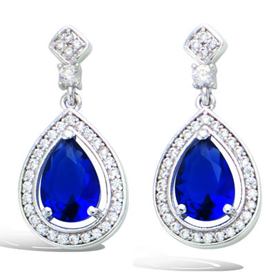 [R7143] - Silver 'Sissi' Silver Sapphire Earrings (rhodium) - 22x10mm