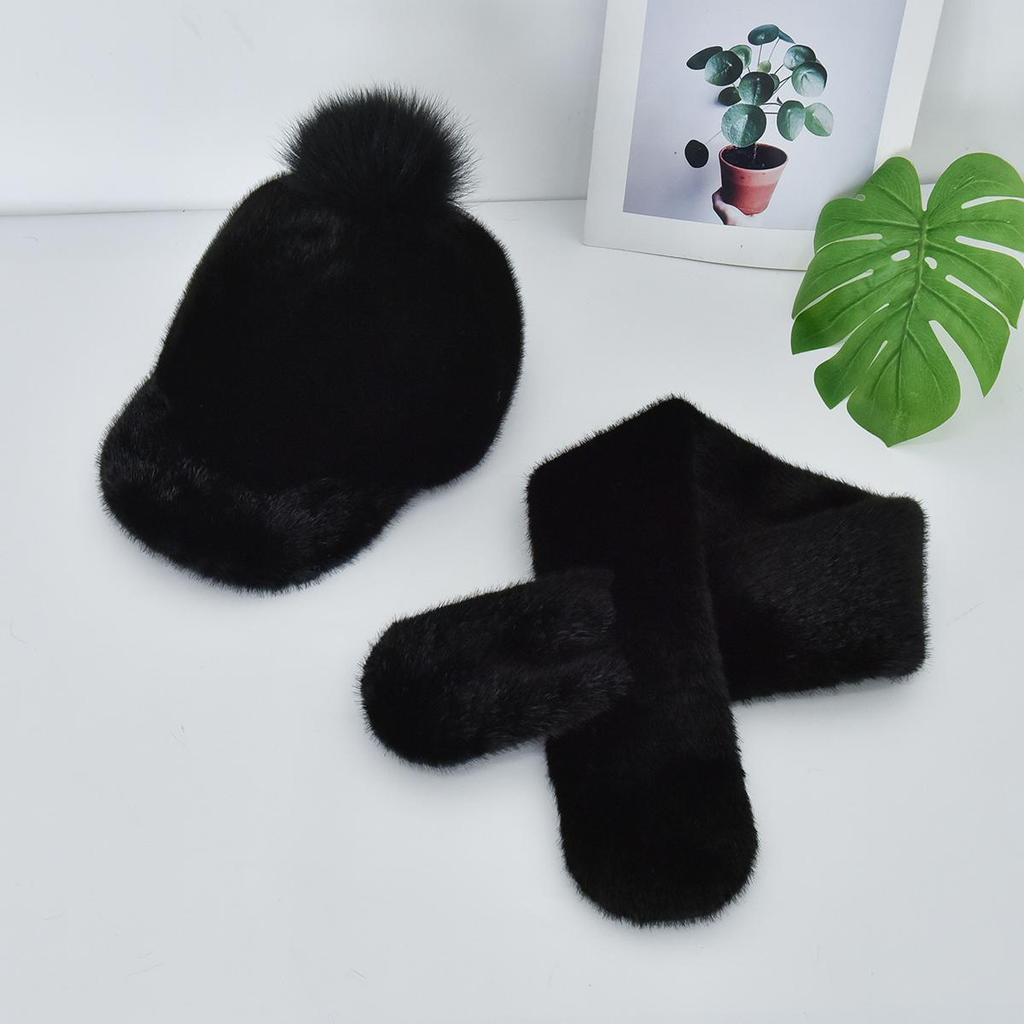 Autumn Winter Faux Mink Fur Baseball Cap for Women with Pom Pom, Faux Fur Warm Fleece Hat Scarf Set For Outdoor Travel