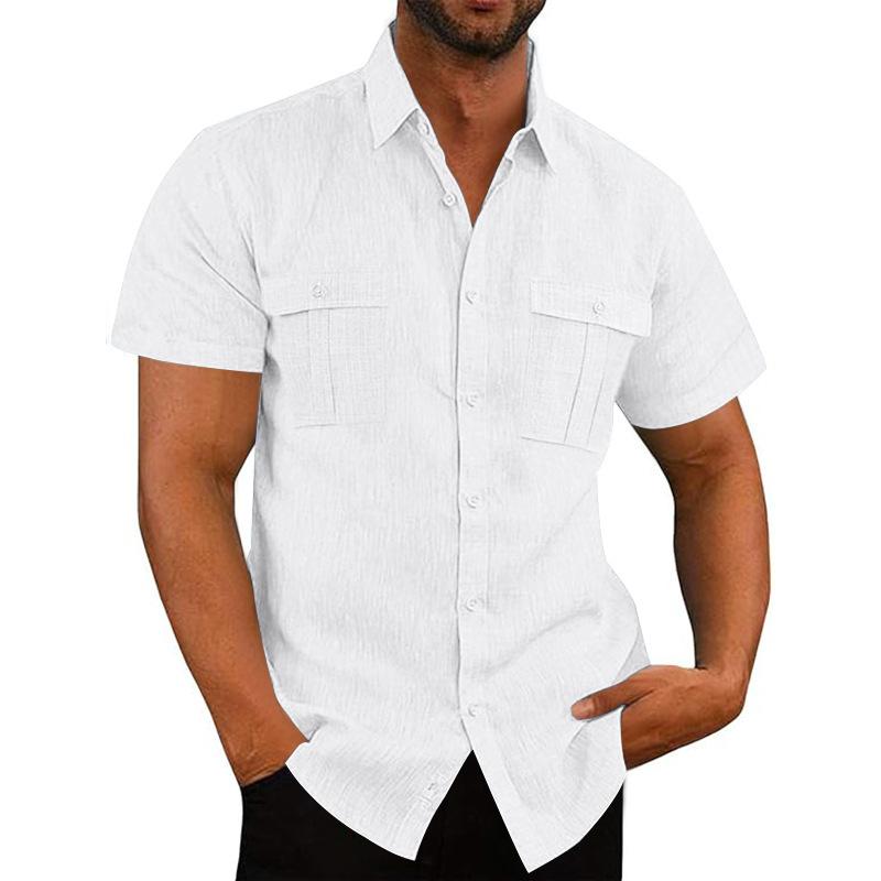 Summer men's linen shirt solid color pocket loose lapel casual cardigan short-sleeved t-shirt