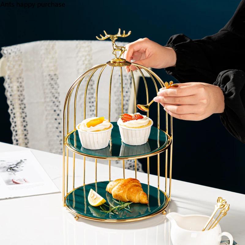 Wrought Iron Ceramic Cake Stand Multi-layer Fruit Plate Snacks Tray Dessert Plate Cake Pan Elk Display Stand Decorative Plates
