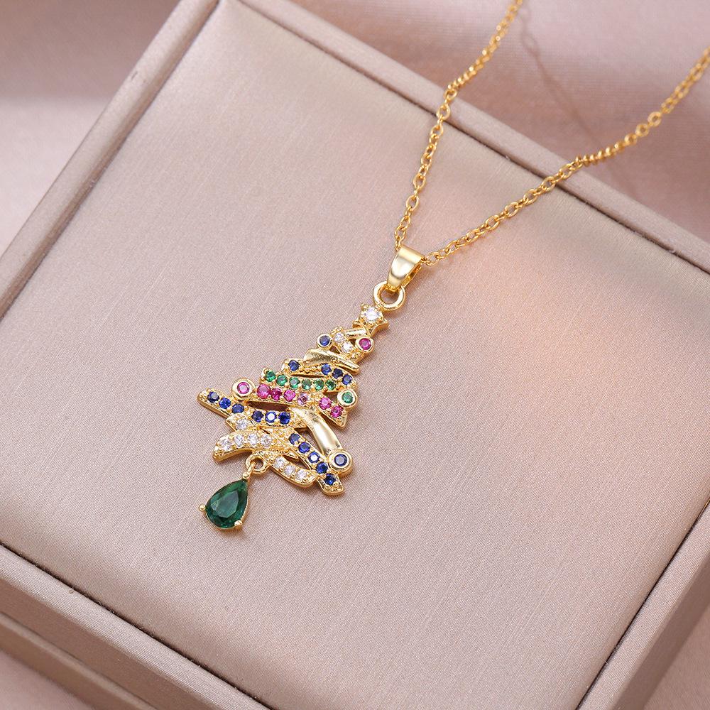 Women's European & American Style Christmas Tree Pendant Necklace - Gold-Plated Copper with Zircon Inlay