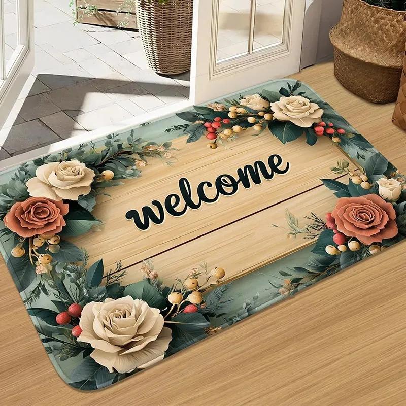 VIKAMA Vintage Floral Doormat, Non-Slip Wood-Grain Floor Mat for Entryways and Patios, Suitable for Bathroom and Porch Decor.