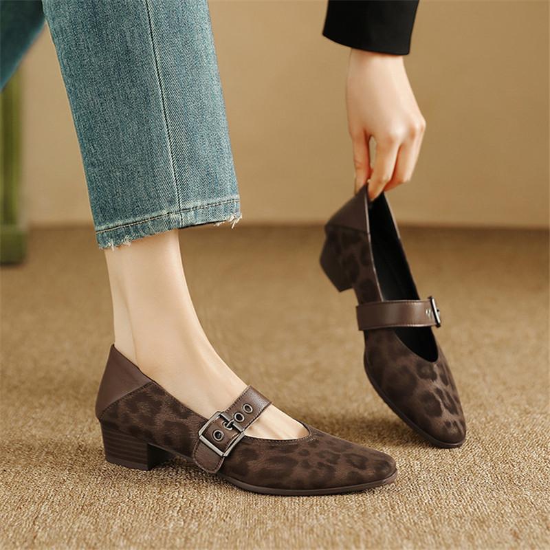 Fashion New Spring/summer Mary Jane Shoes Genuine Leather Shoes for Women Fashion Leopard Print Round Toe Shallow Women Pumps Low Heels