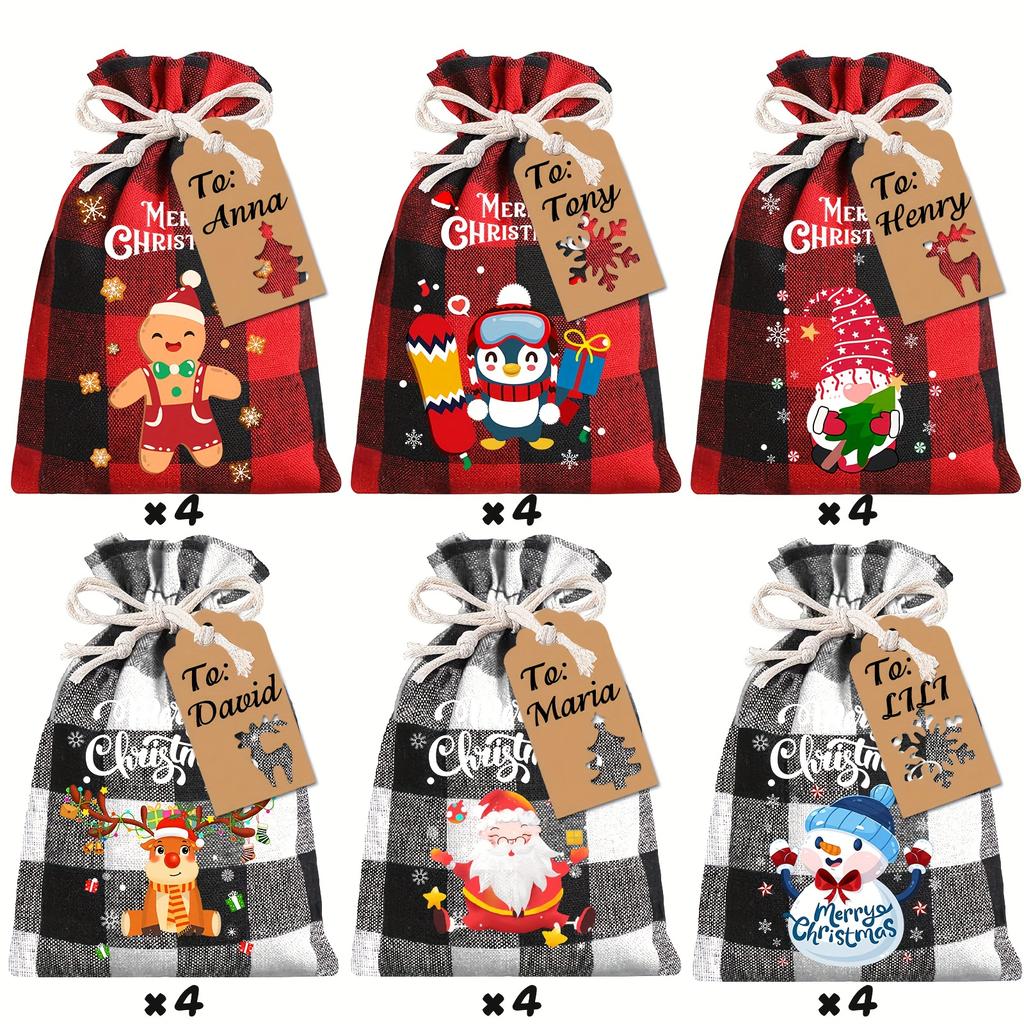 12/24pcs Christmas Burlap Gift Bags with Tags | Buffalo Plaid Drawstring Bags for Xmas Favors, Treats & Candy Goodies