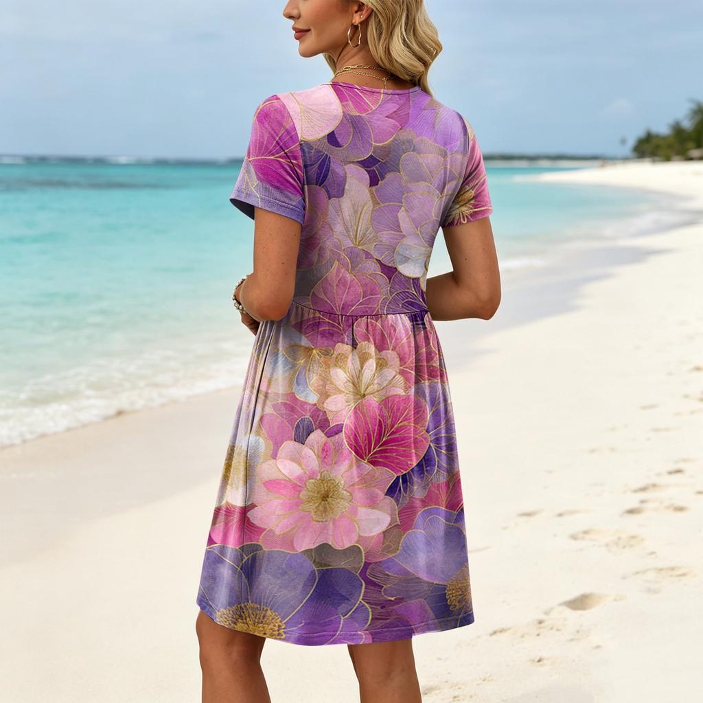 Women Short Sleeve Floral Print Crew Neck Casual Waist Dress with Belt and Pockets for Everyday Wear Comfortable Fit
