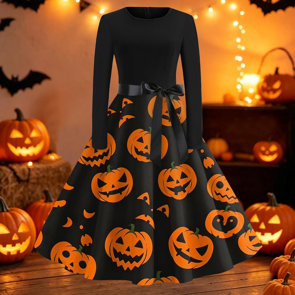 Womens Casual Fit and Flare Dress Long Sleeve Round Neck Halloween Print Dress with Flared Skirt and Waist Tie Belt