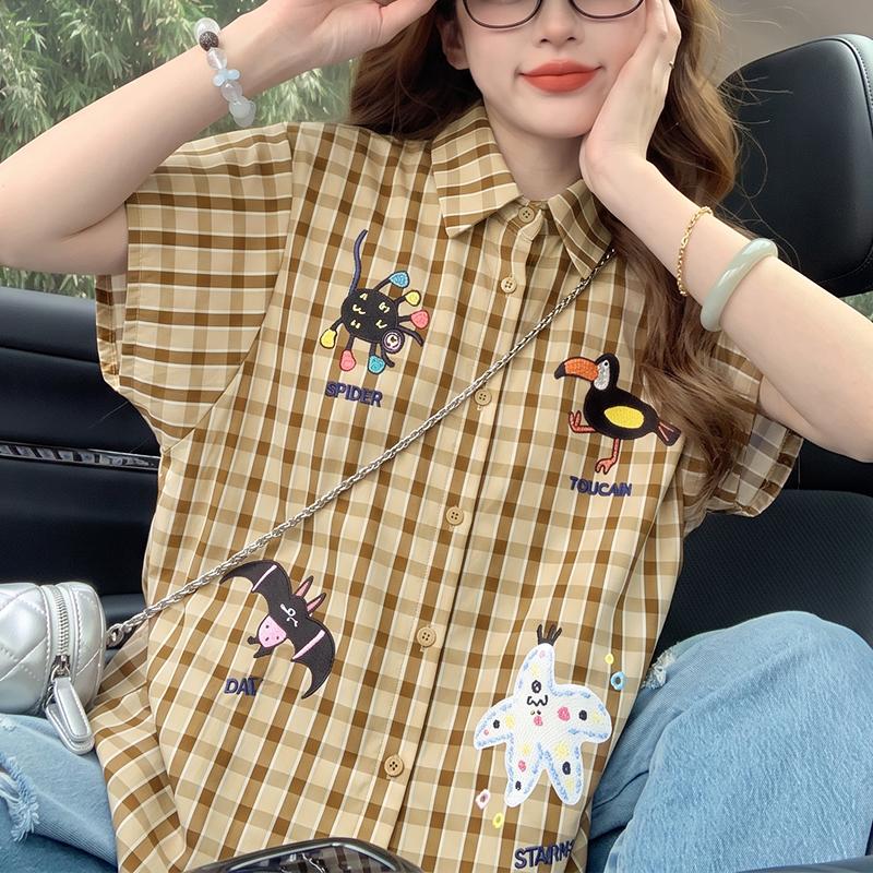 ZANZEA Women Casual Turn Down Collar Short Sleeve Loose Plaid Print Blouse