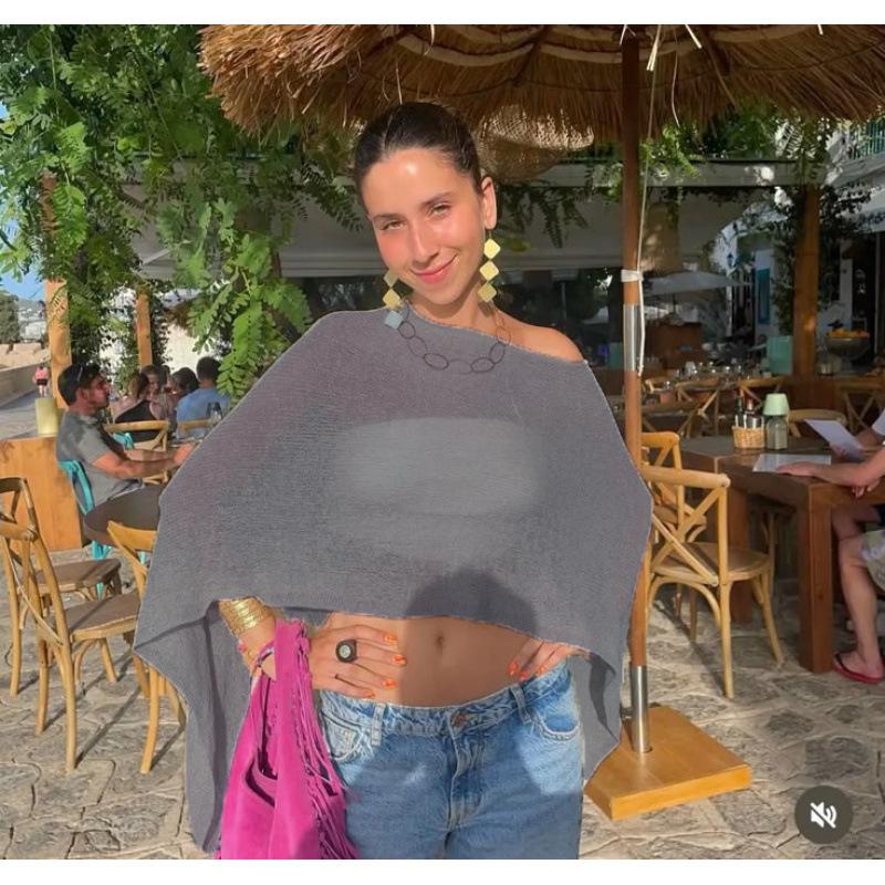 Damen Y2k Unregelmäßiges Sonnenschutzkleid Gestrickte Überwürfe Crop Tops Durchsichtig Einfarbig Unregelmäßig Locker Pullover Sommer Boho Strand T-Shirts