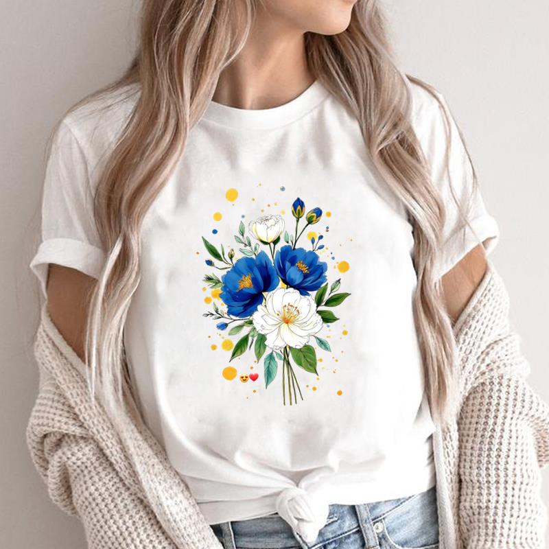 (Asian Size) lovely flower style 90s O-neck Short Sleeve T-shirts Print Casual Top T Graphic Tee Fashion Female Women's Clothing