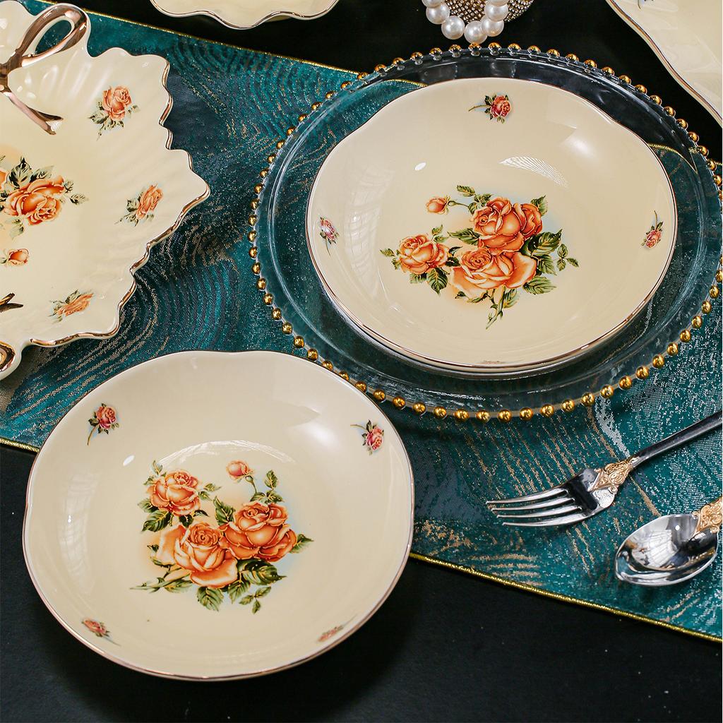 2pcs Elegant European-Style Ceramic Serving Plate - Golden Detail And Rose Pattern, Versatile for Steak, Pasta, Soup, Salad, Fru