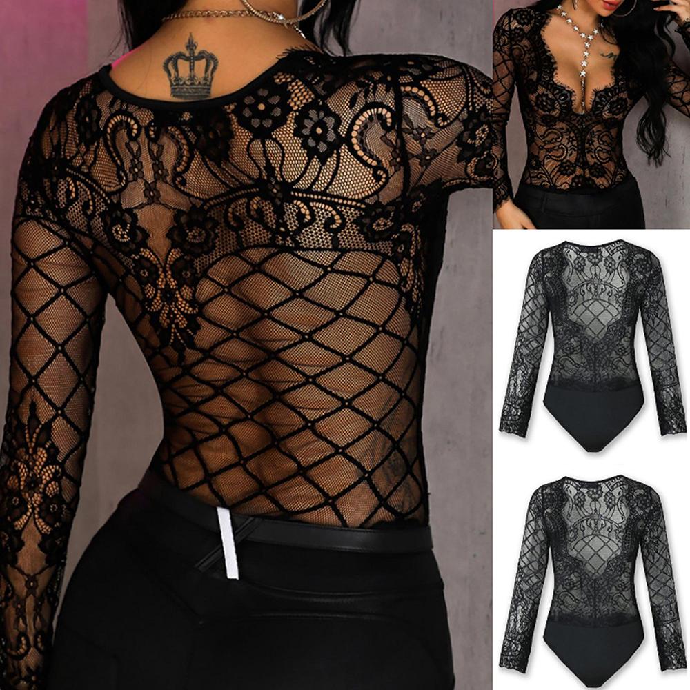 Womens Sexy Lace V Neck Romper Tops Mesh See Through Bodysuit Lingerie Nightwear