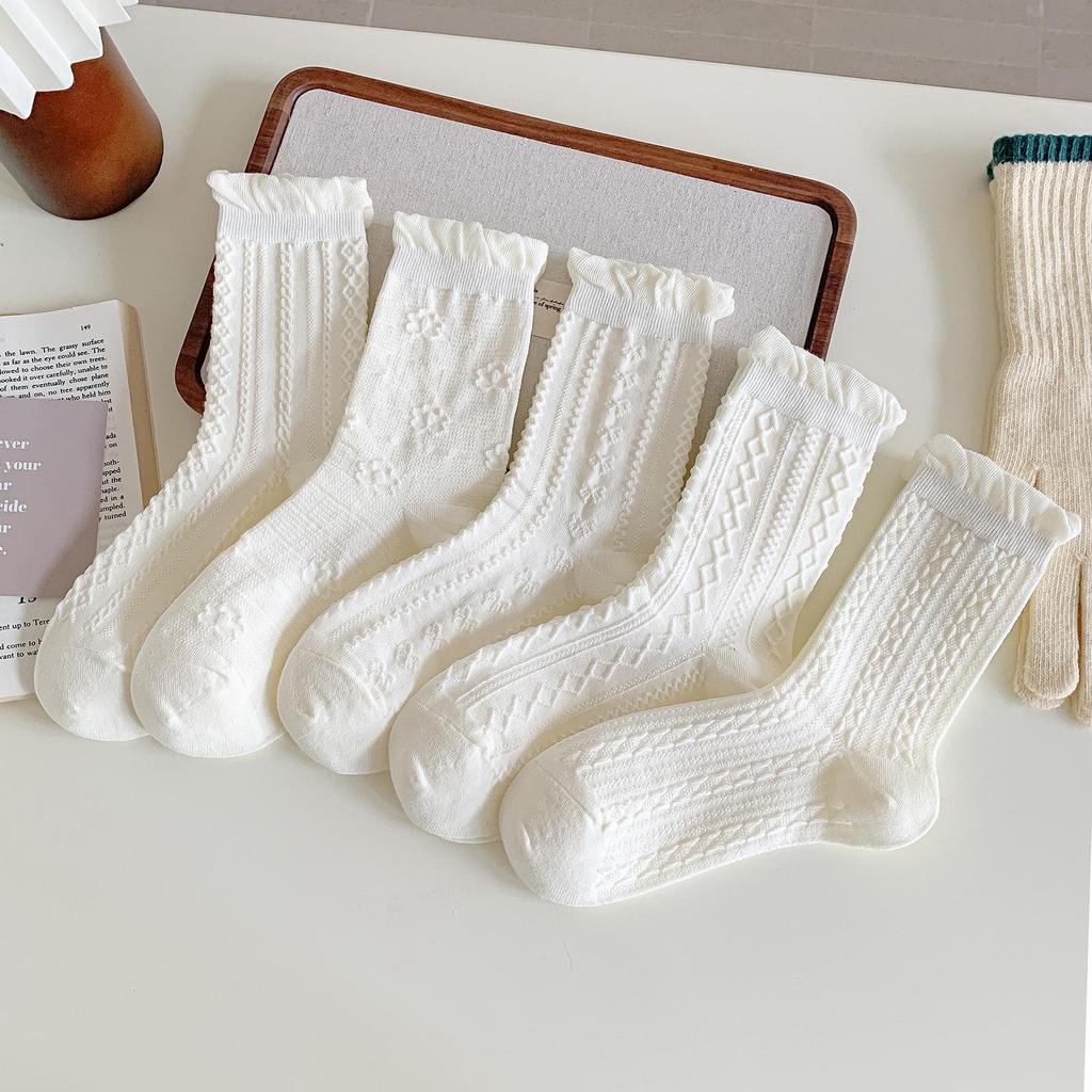 Women's Autumn Lace Ruffle Ballet Socks - Simple White Breathable Mid-Calf Scrunched JK Style.