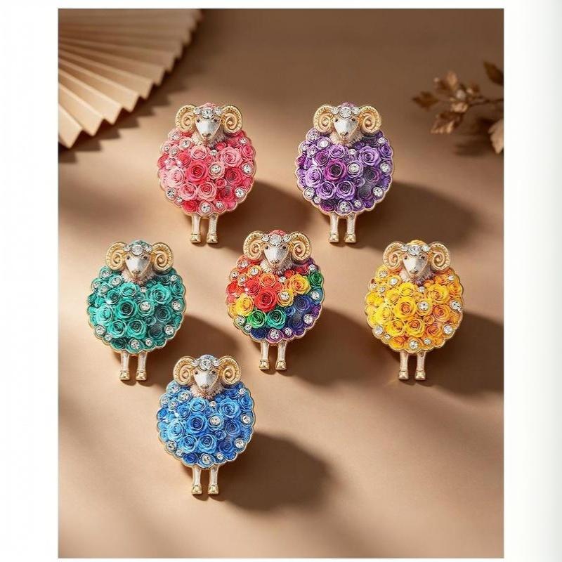 Cute Sheep Rhinestone Inlaid Brooch Colorful Rose Decoration Anti-fade Alloy Brooch for Women Party Prom Outfit Accessories