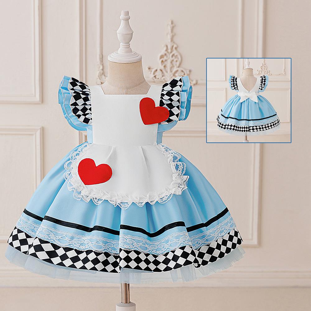 Alice In Wonderland Blue Maid Heart Princess Dress Halloween Costume for Girls