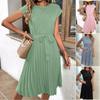 Women's Round Neck Cap Sleeve Belted Pleated Midi Dress Elegant Solid Color Summer Commuter Dress