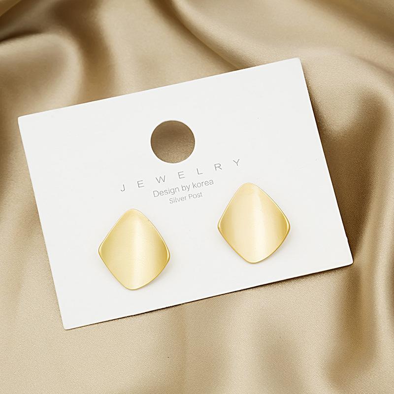 Design Sense Geometric Rhombus Frosted Metal Stud Earrings, Niche Hong Kong Style Gold Square Earrings