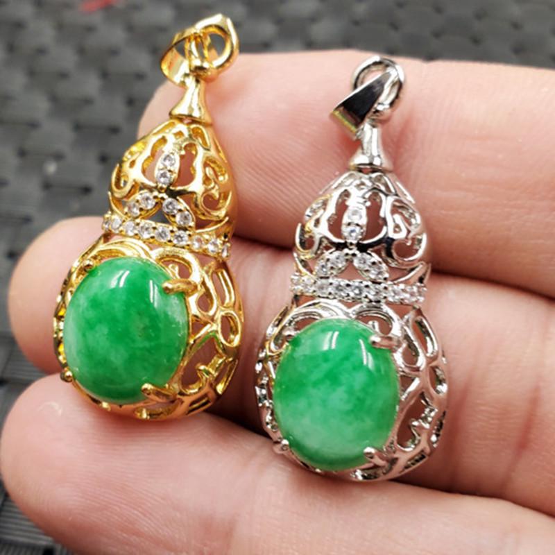 Ganqing Green Jade Gourd Pendant Necklace Silver 17x30 mm