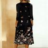 Women's Fashionable Color Printed Round Neck 3/4 Sleeve Button Collar Mid Length Casual Dress