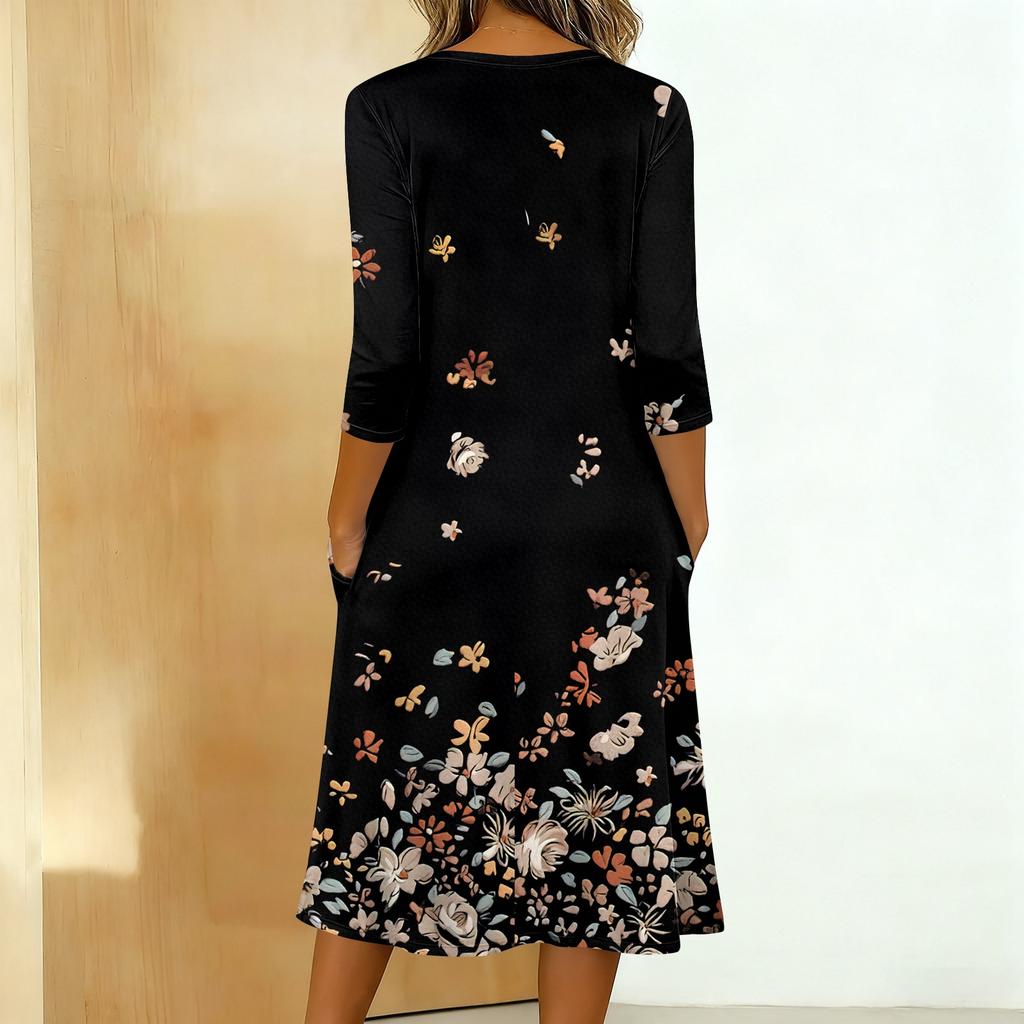 Women's Fashionable Color Printed Round Neck 3/4 Sleeve Button Collar Mid Length Casual Dress