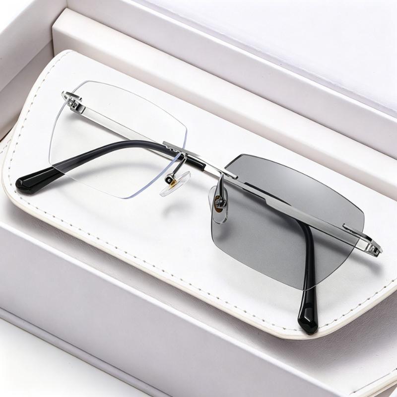 Ultra Light Frameless Photochromic Myopia Glasses Unisex Anti Blue Ray Eyewear Polished Cut Lens for Business Man Daily Wearing