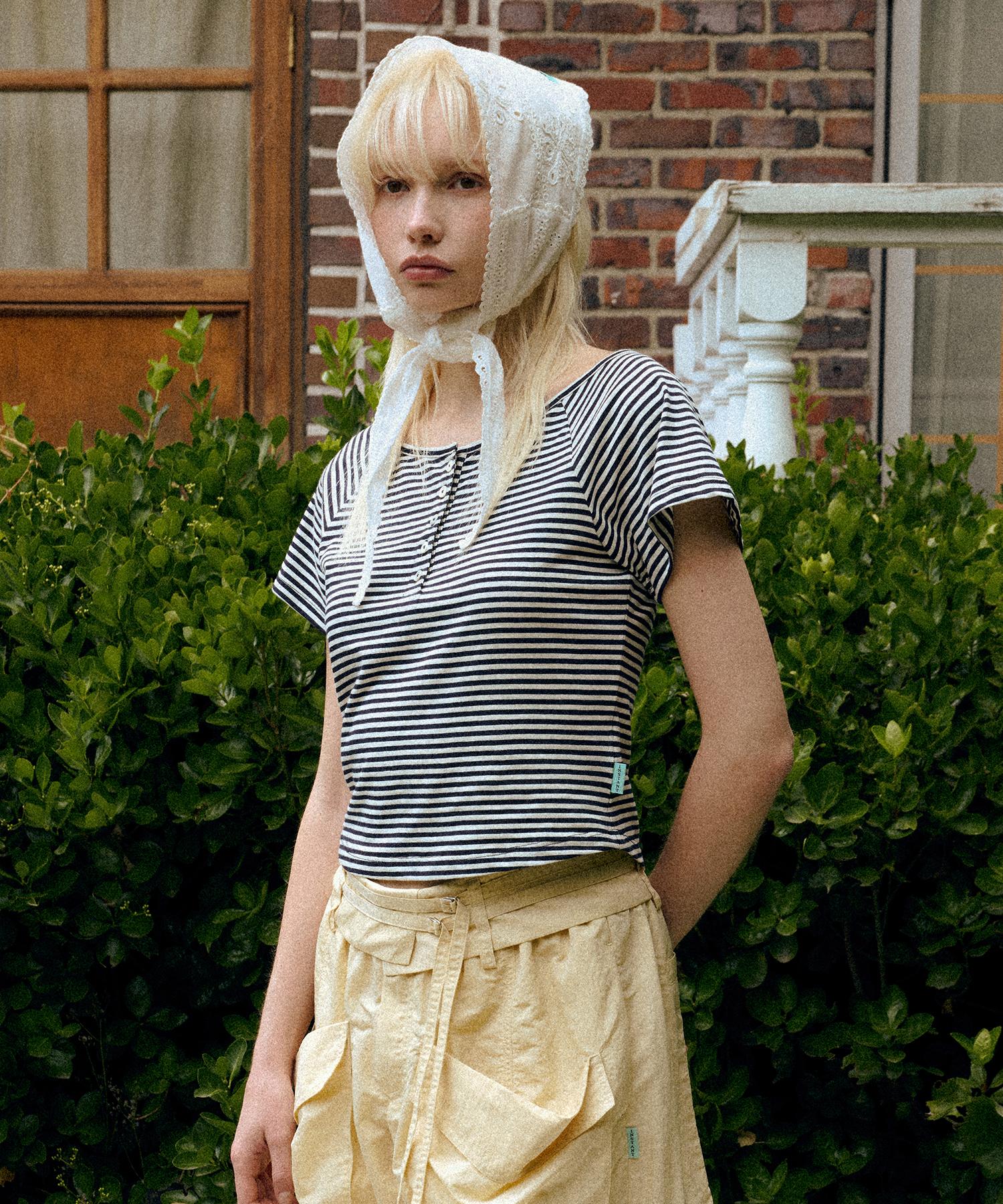 Instant Punk Striped Button T-Shirt - Navy Navy/Free
