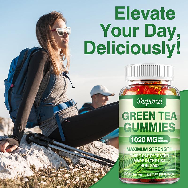Green tea gummies; 1,020 mg per serving; contains Garcinia Cambogia, raspberry ketone, and coffee bean extract; promotes digestion.
