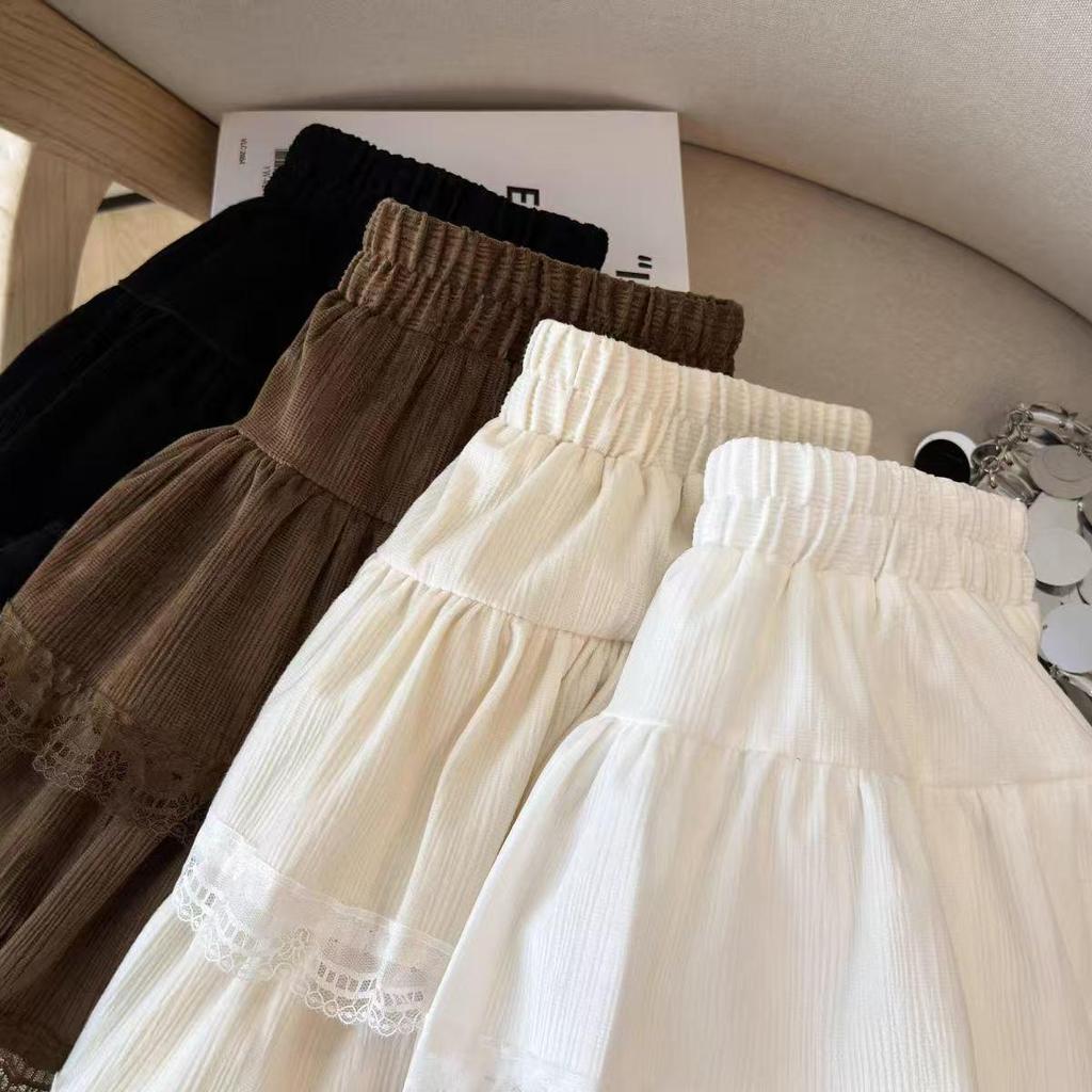 European Cotton Velvet Lace-Trimmed A-line Mini Skirt with Elastic Waist for Autumn & Winter