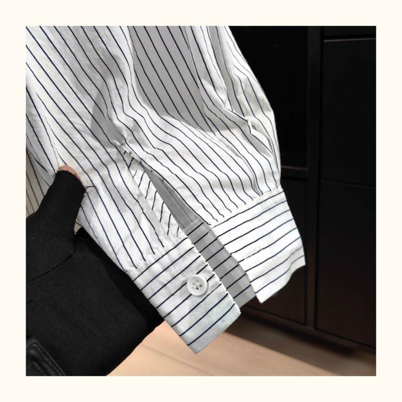 Women's White Striped Oversized Long Sleeve Shirt Casual Loose-Fit Blouse
