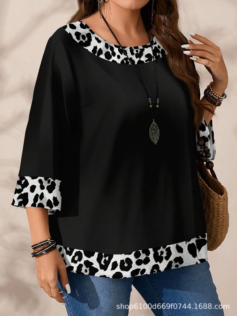 Plus Size Women's Leopard Print Patchwork T-shirt for Spring & Autumn