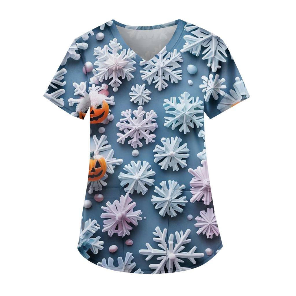 Women's Fashion V-Neck Short Sleeve Workwear With Pocket Christmas Printed Top