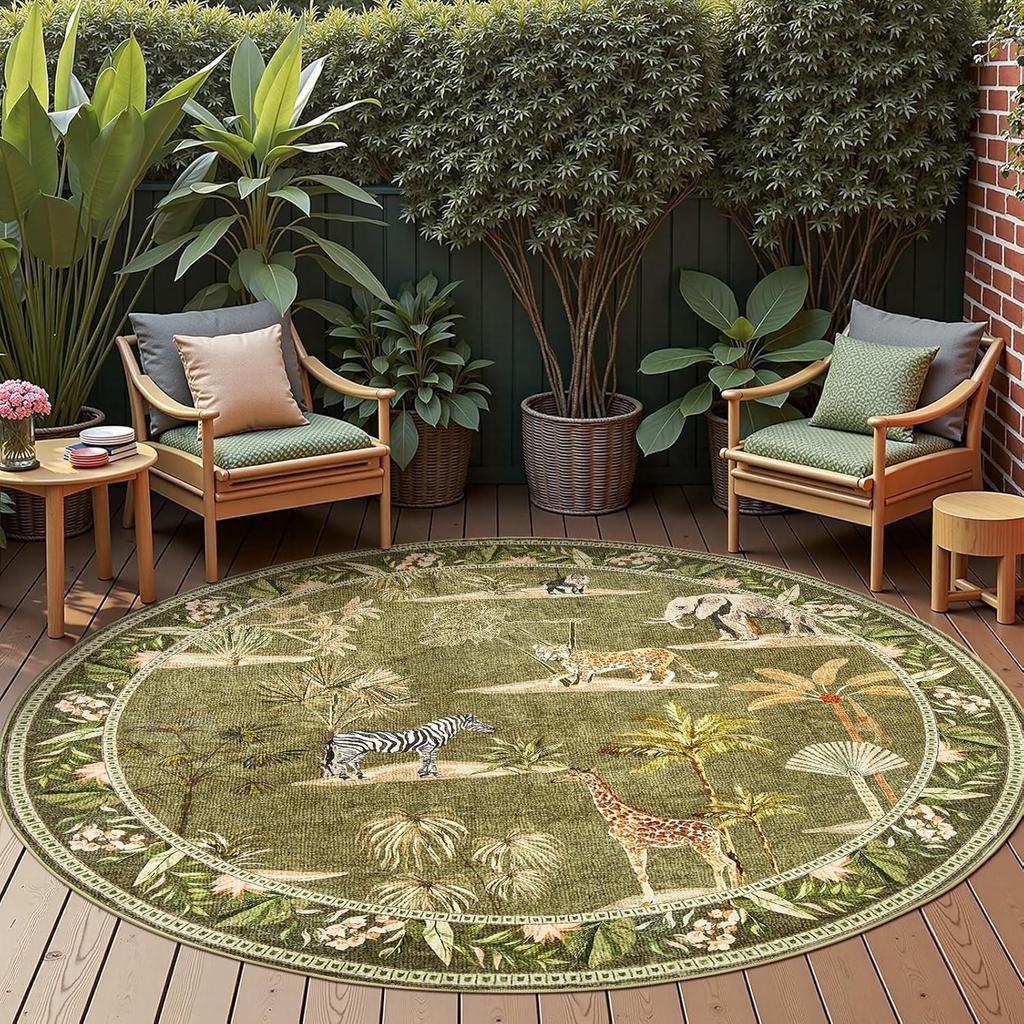 Round Living Room Carpet Foldable Machine Washable Green Jungle Animals Print Coffee Table Mats Bed Bedside Cloakroom Wool Rugs