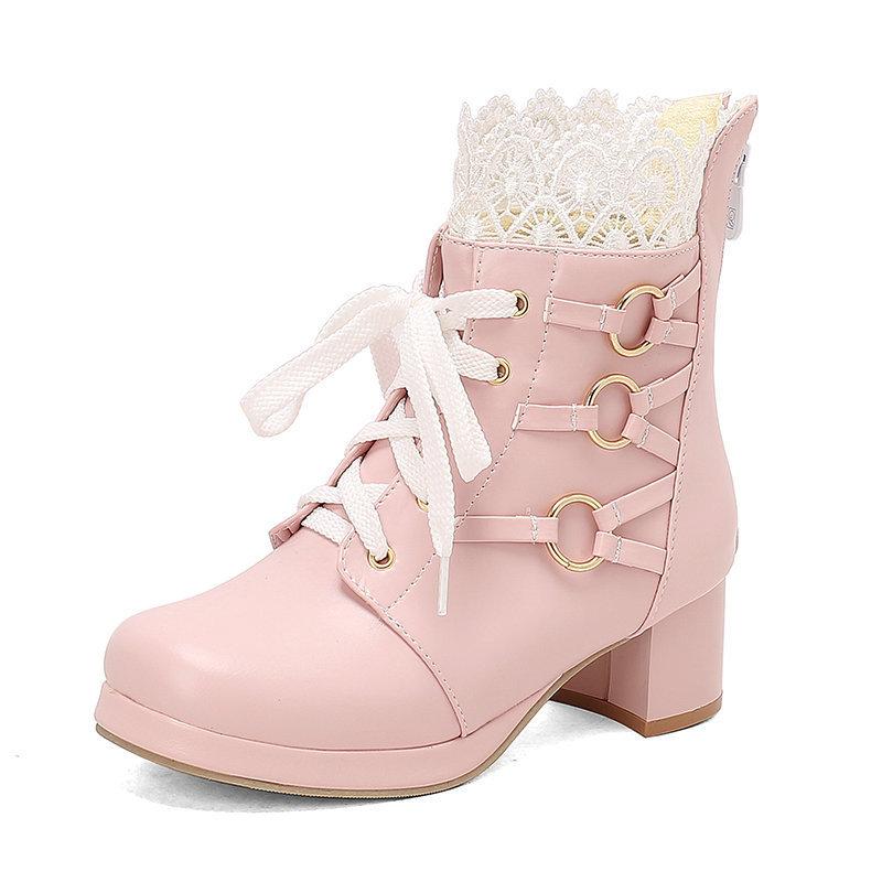 Short Boots Lace Belt Buckle Hollowed Out LO Lolita Shoes Student Dress Short Boots and Ankle Boots