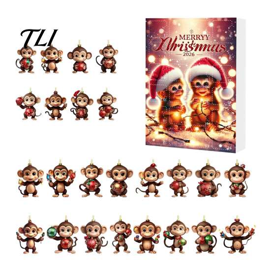 Holiday Box Christmas Monkey Advent Calendar, 24 Days Countdown Calendar with 2D Acrylic Collectible Figurine Ornament, Funny Animal Xmas Tree Hanging