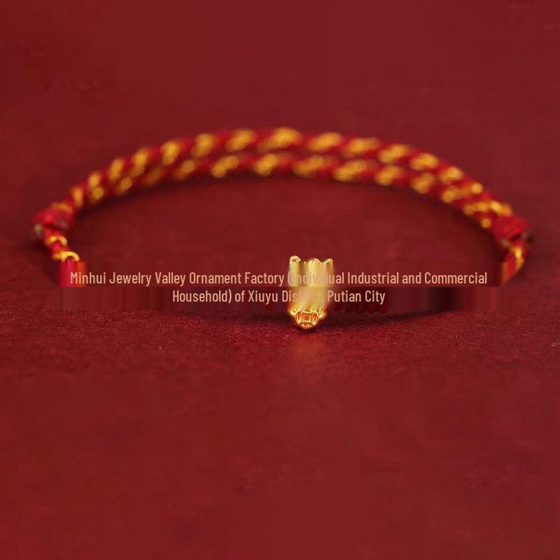 Year of the Horse Gold Wealth Bracelet with Pixiu, Clover Charm, and Red Rope