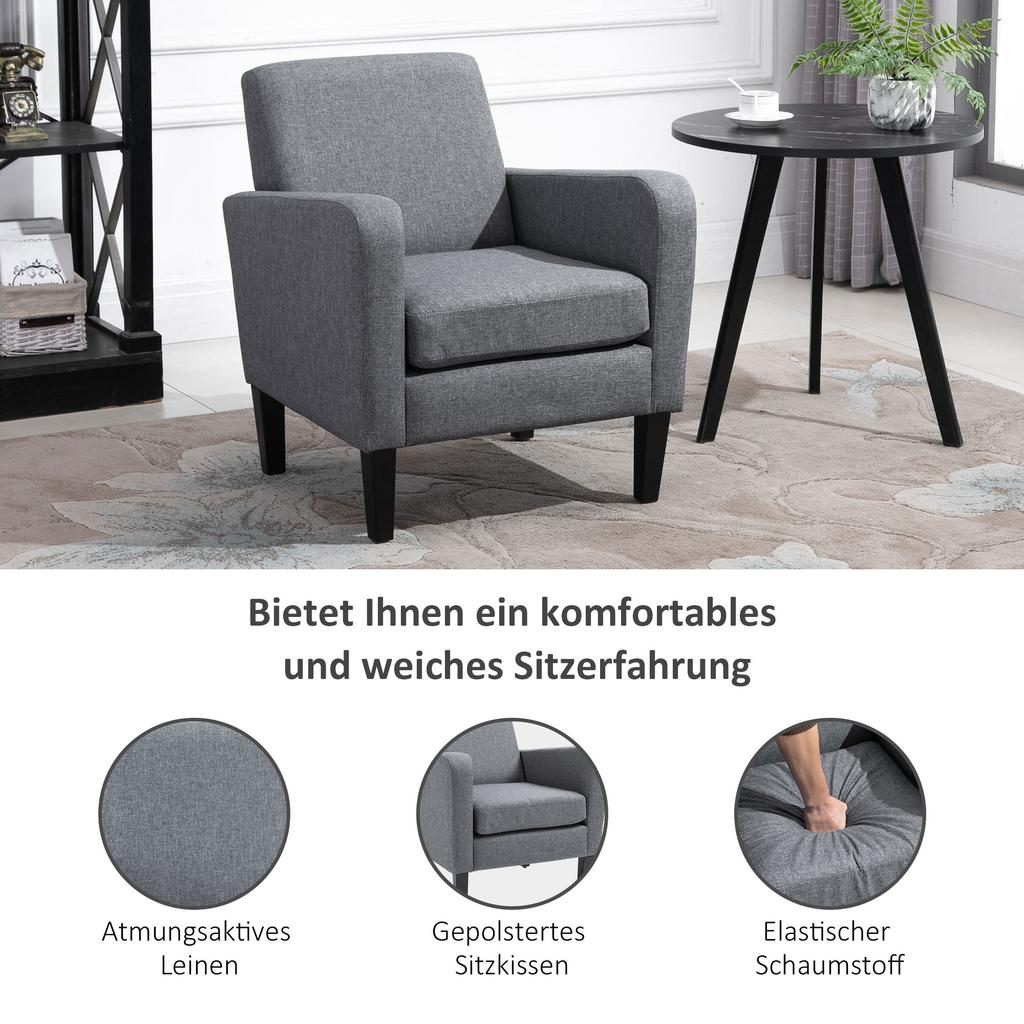 Single Armchair, Recliner Chair, Upholstered Chair with Wooden Legs, Linen-Look Fabric, 66 x 72 x 74 cm, Light Grey