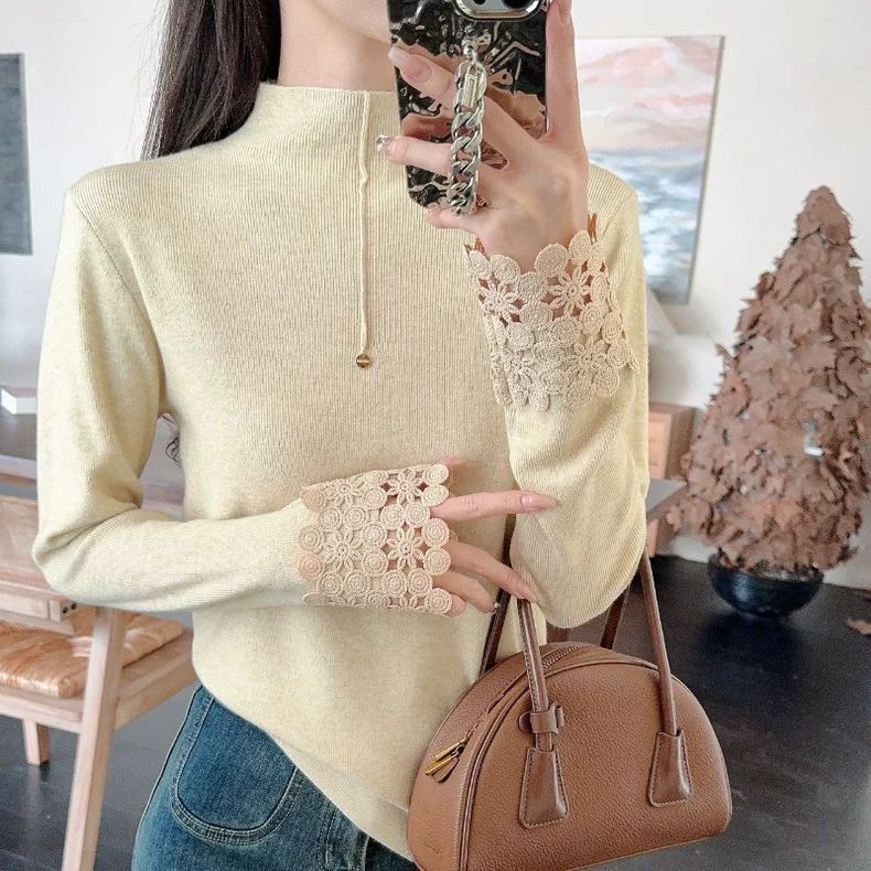 Red Sweater High-end Niche Lace Cuff Patchwork Turtleneck Knitwear Fashion Inner Base Layer Top