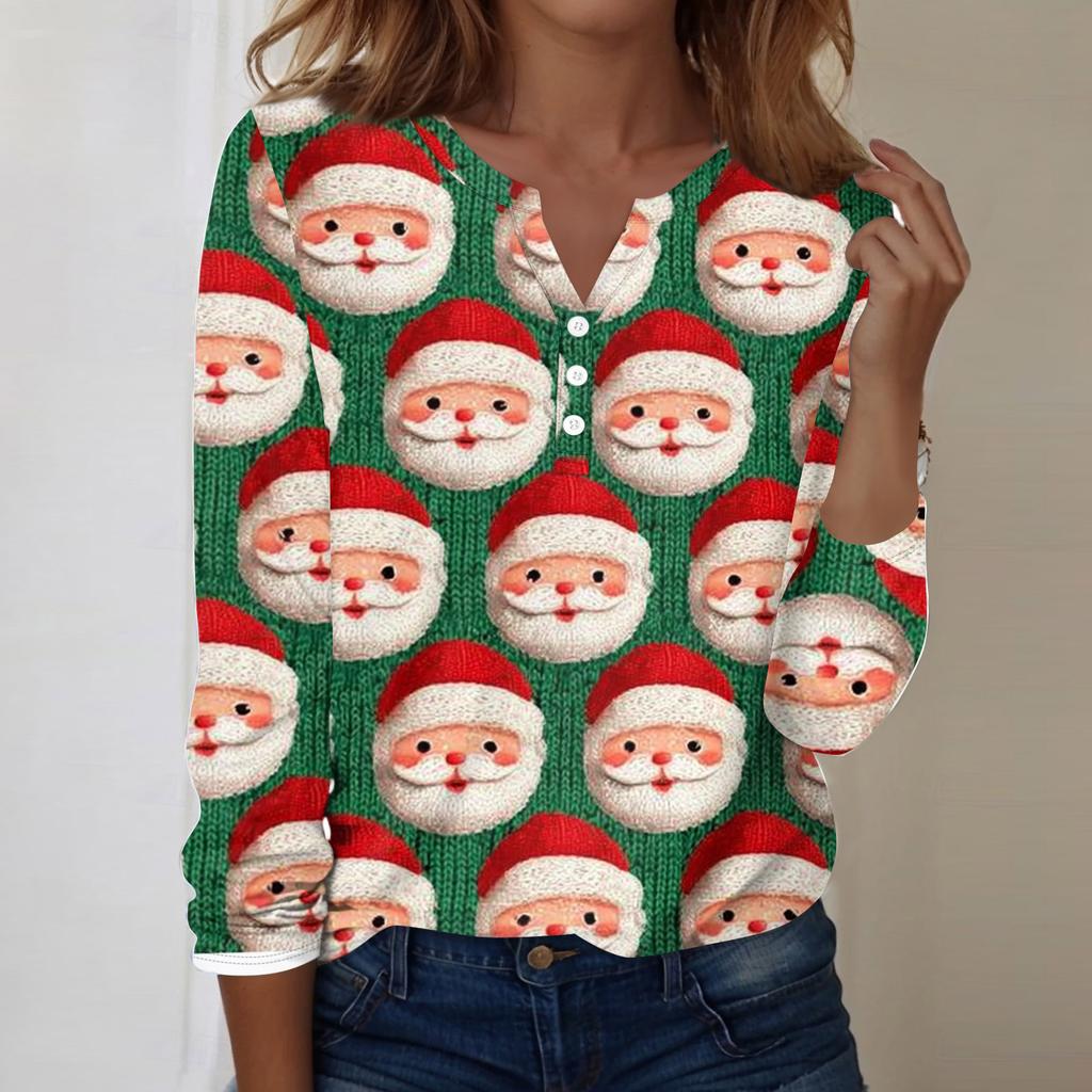 Women's Fashion Casual V-Neck Long Sleeve Decorative Button Christmas Print Top