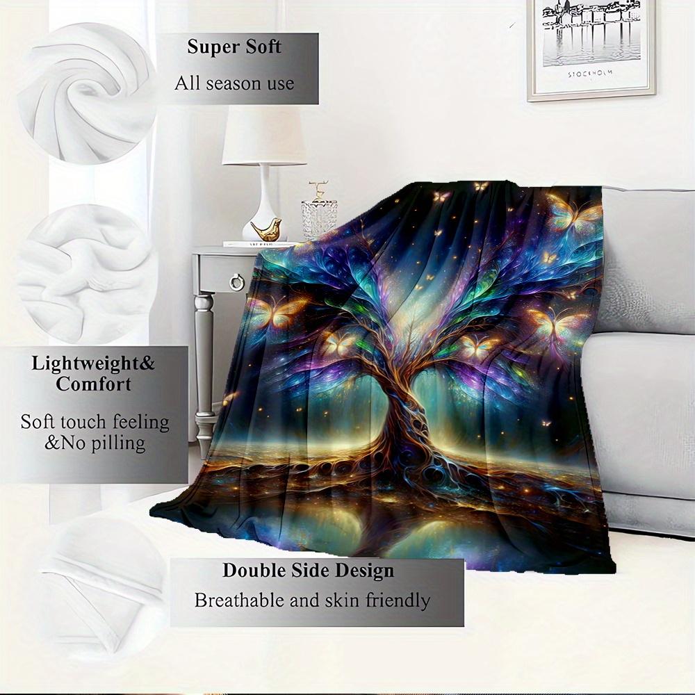 For Tree of Life,Butterflies,Cosmic Energy-Themed Flannel Blanket, Glam Style, Digital Print, All-Season Comfort, Tear-Resistant, Knitted Cr