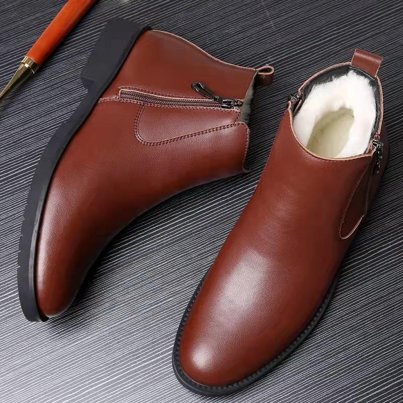 Men's Boots Fashion Cow Leather High-top Boot Classic Business Ankle Boots Winter Plush Warm Cotton Shoes Winter Men Dress Boots