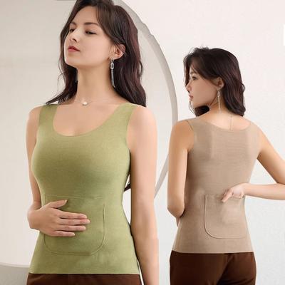 Dam Värme Linne Fyrkantig Hals Ärmlös Varm Camisole Topp med Fickor Fram och Bak Vinter Dubbelt Lager Basic Underkläder