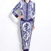 Spring Autumn Fashion Designer Print Runway 2 Piece Set Women Zipper Jacket Coat And Elastic Waist Pocket Pencil Pant Suit