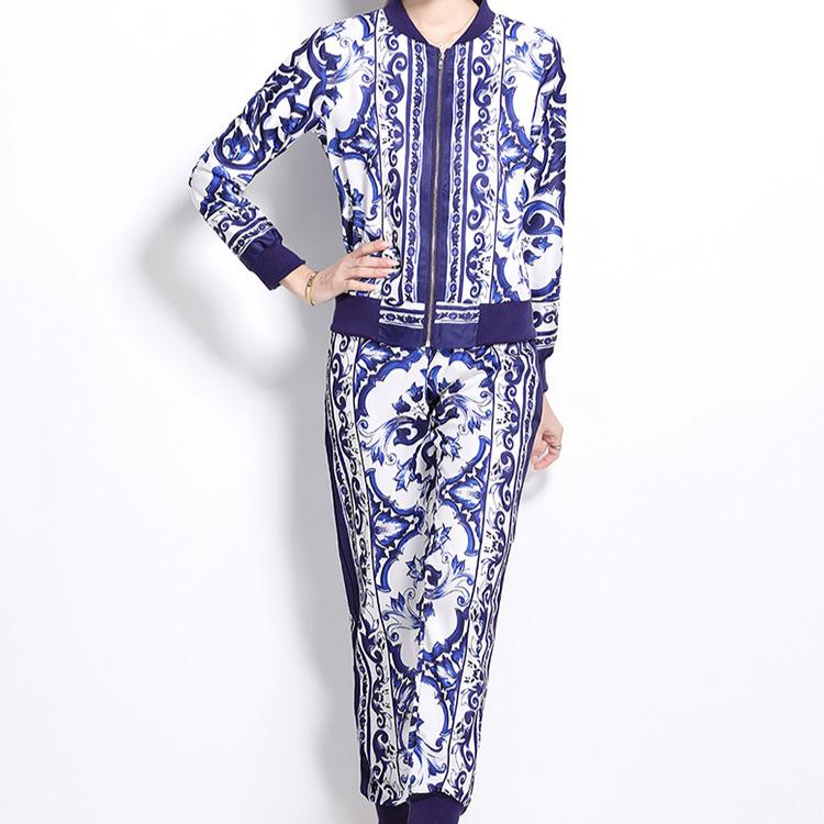 Spring Autumn Fashion Designer Print Runway 2 Piece Set Women Zipper Jacket Coat And Elastic Waist Pocket Pencil Pant Suit