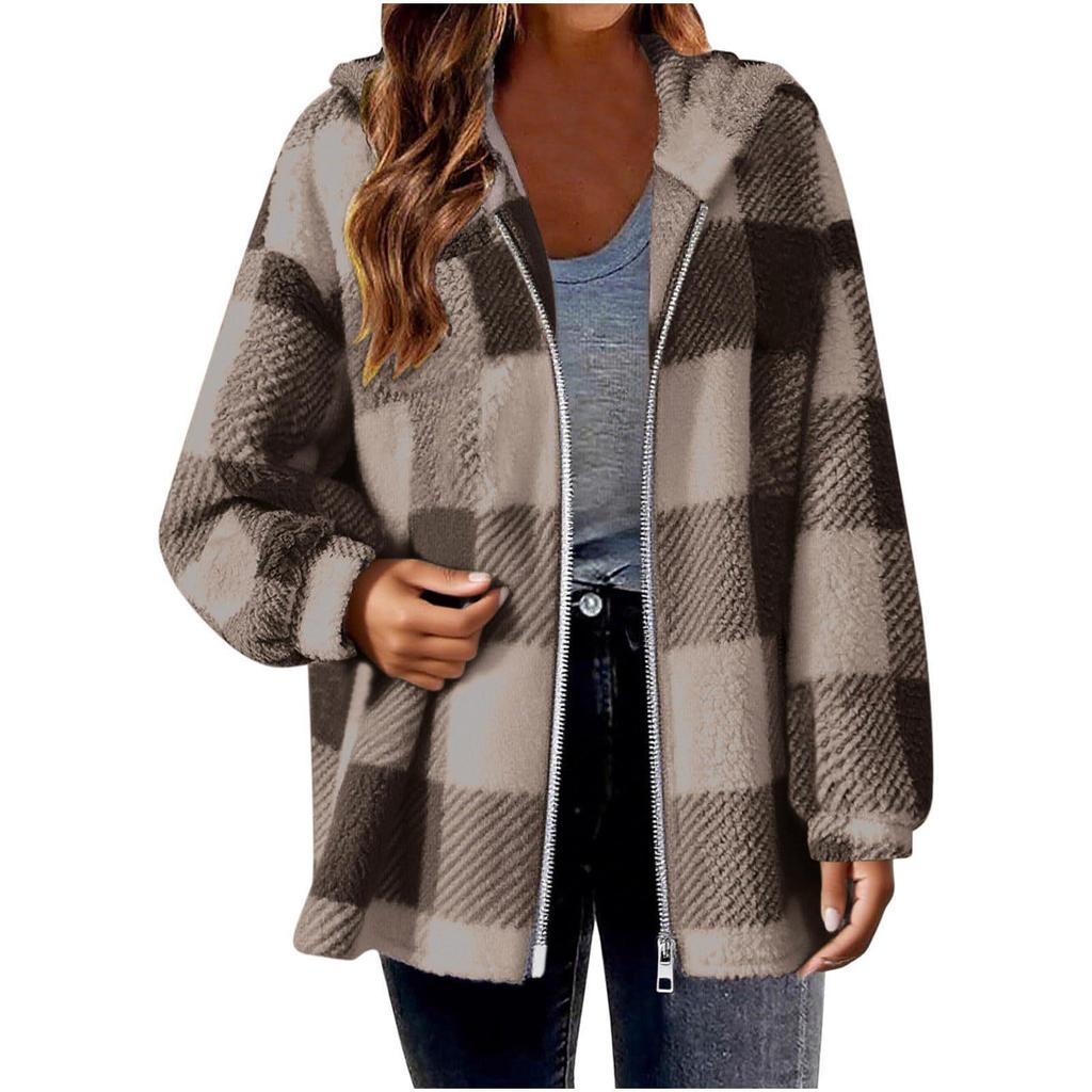 2025 Plaid Loose Fit Long Sleeve Hooded Fuzzy Zip-Up Cardigan Jacket