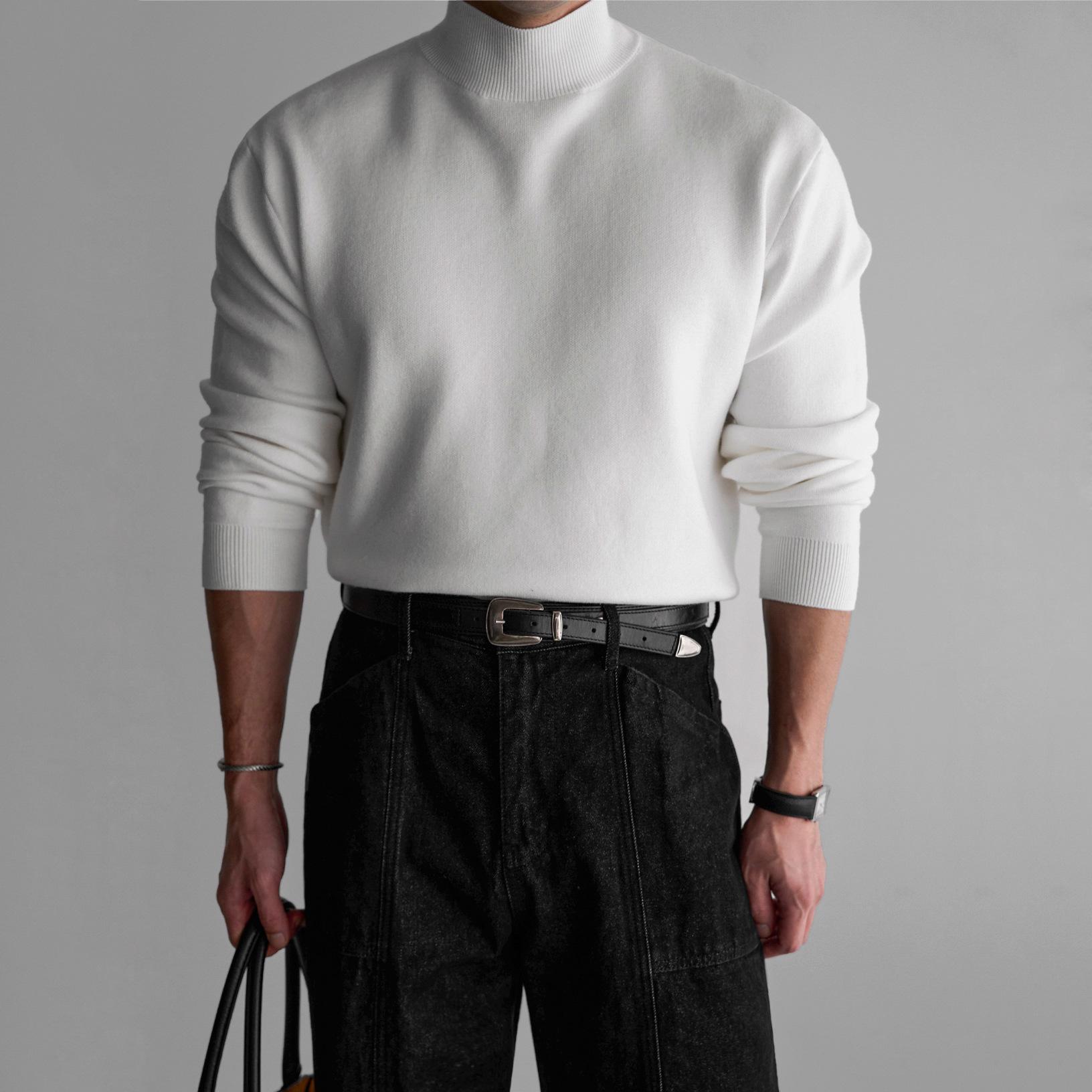 Men s Winter Slim Fit Korean Style Knit Sweater - Half-High Neck Pullover Medium