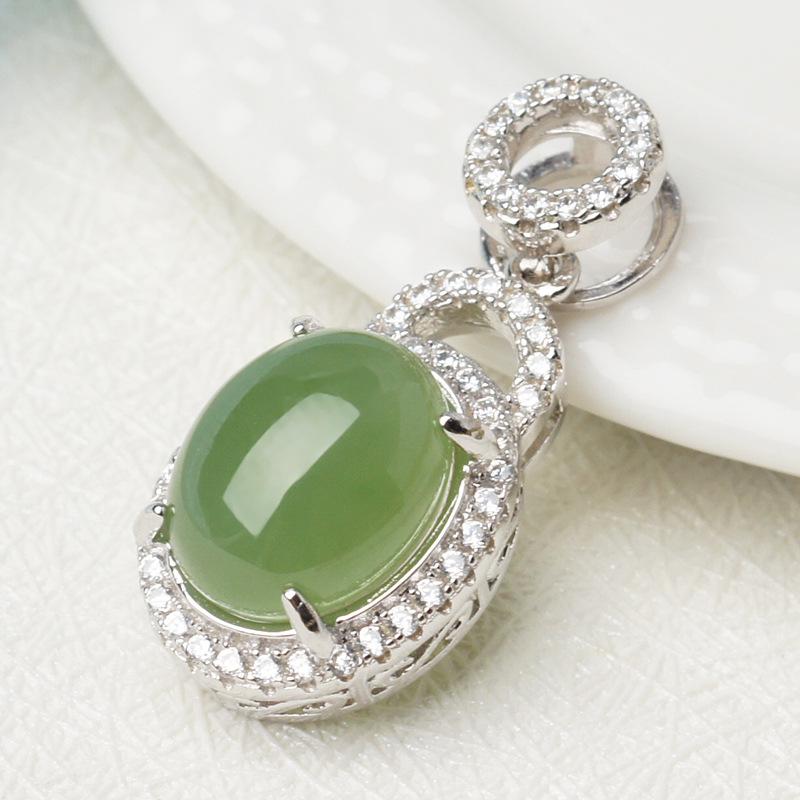 Vintage 925 Silver Hetian Jasper Cabochon Pendant Necklace with Certified Natural Green Jade