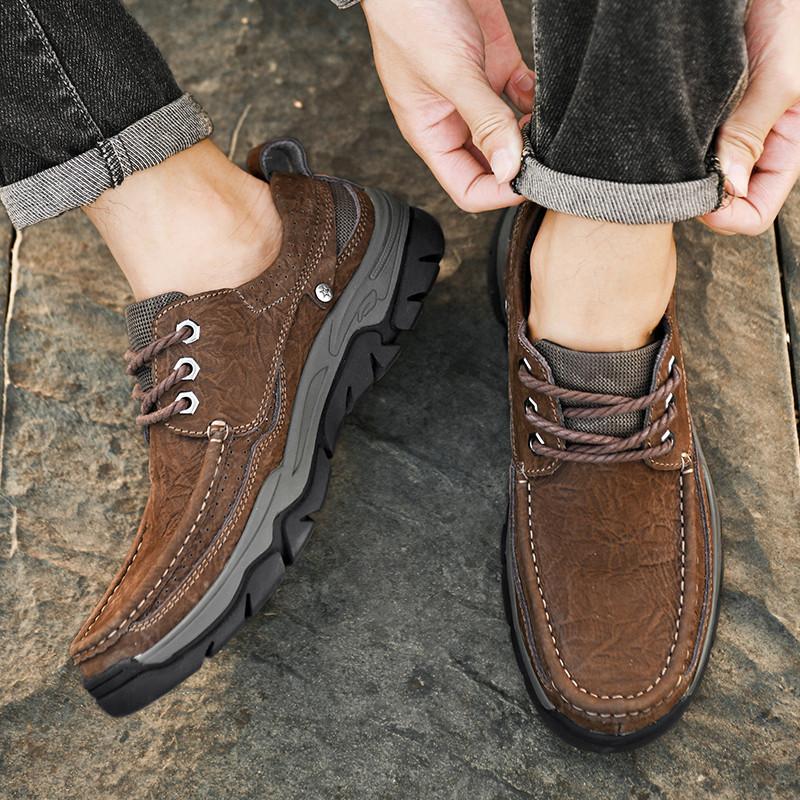 Large size handmade sewing line outdoor mountaineering fashion casual low-top leather shoes travel shoes trendy sports men's shoes