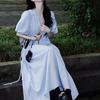 French Blue V-Neck Puff Sleeve Tea Break Dress - Women's Summer Slimming Lace-Up Waist Elegant Skirt